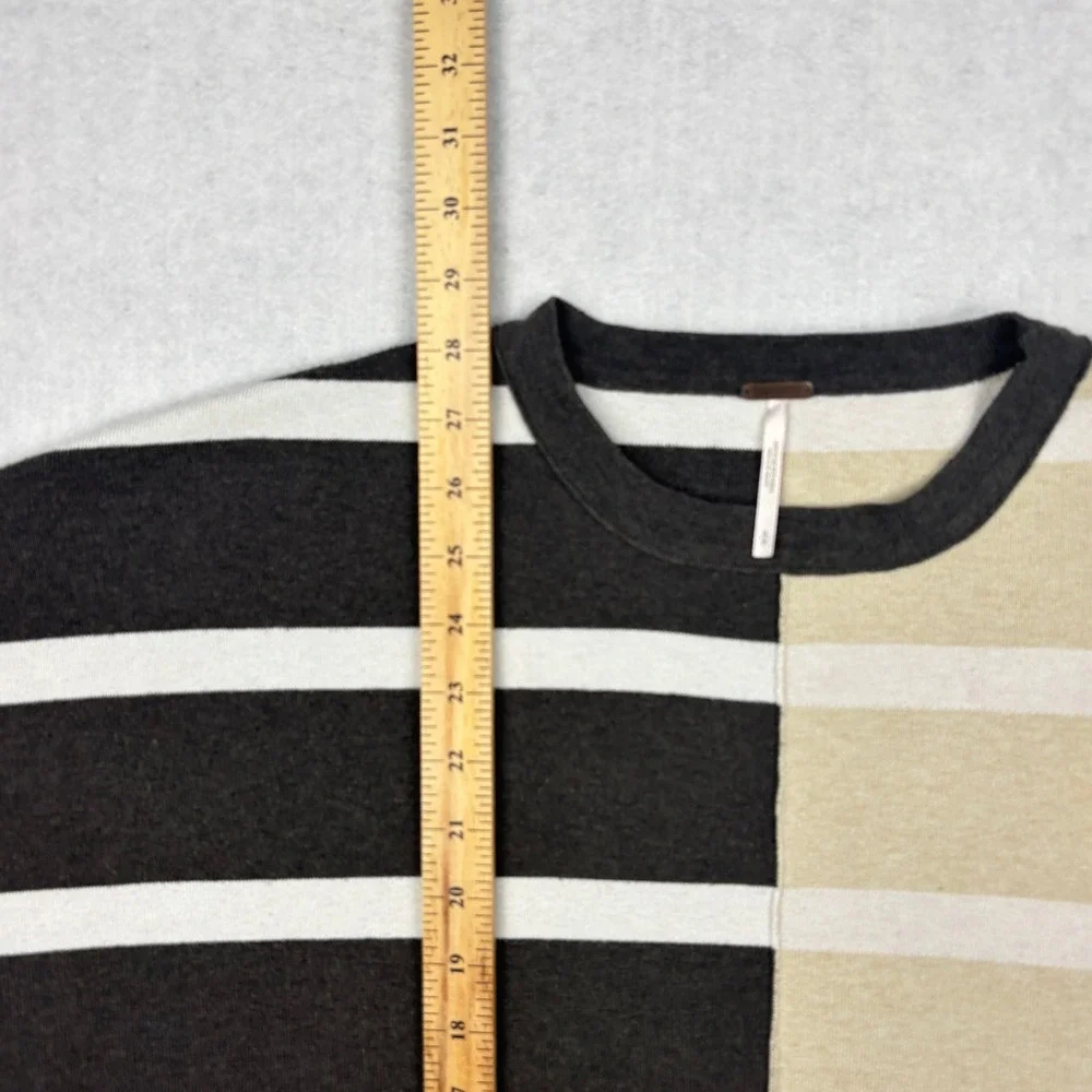 Free People Womens Small Black Tan Split Stripe Oversized Knit Pullover Sweater